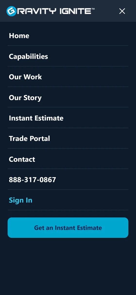 gravityignite.com mobile navigation panel open
